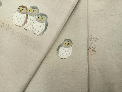 平和屋着物●訪問着　作家物　和歌　紬地　手描き　フクロウ　正絹　逸品　AABH4041ph