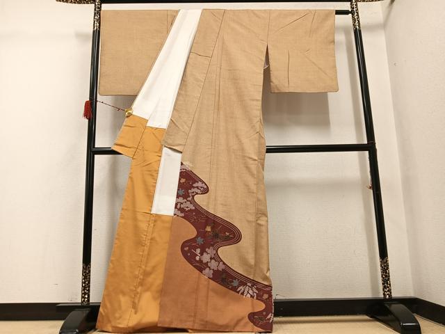 平和屋着物●皇室デザイナー　中村乃武夫　訪問着　紬地　流水草花文　正絹　逸品　AABH3879ph