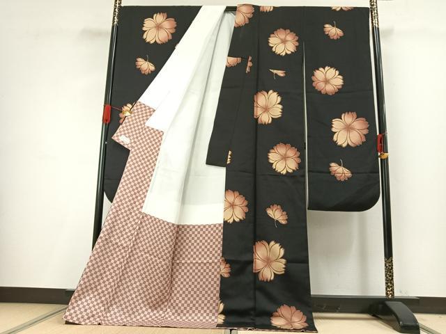 平和屋着物●豪華振袖　お召地　舞花文　黒地　やまと金ラベル　ロング丈　正絹　逸品　AABH0764fy