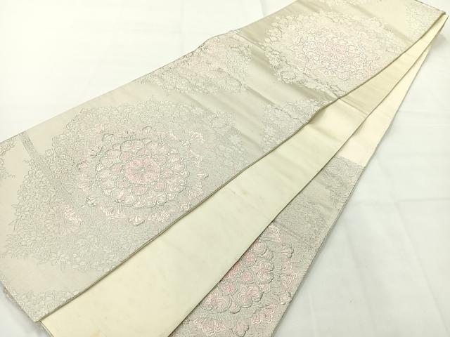 平和屋着物◎六通柄袋帯　唐織　正倉院花文　銀糸　正絹　逸品　AABH2389uk