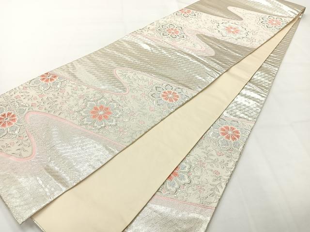平和屋着物◎六通柄袋帯　唐織　流水花文　銀糸　正絹　逸品　AABH2377uk