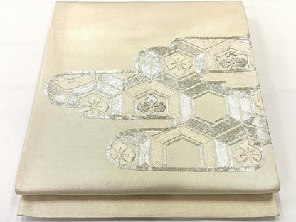 平和屋着物◎太鼓柄袋帯　駒刺繍　エ霞花文　銀糸　正絹　逸品　AABH2383uk