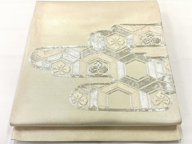 平和屋着物◎太鼓柄袋帯　駒刺繍　エ霞花文　銀糸　正絹　逸品　AABH2383uk