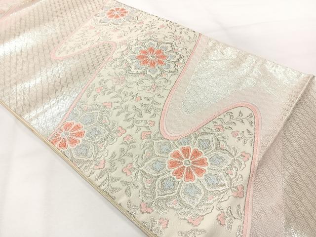 平和屋着物◎六通柄袋帯　唐織　流水花文　銀糸　正絹　逸品　AABH2377uk