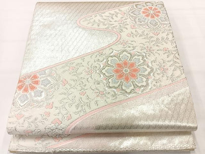 平和屋着物◎六通柄袋帯　唐織　流水花文　銀糸　正絹　逸品　AABH2377uk
