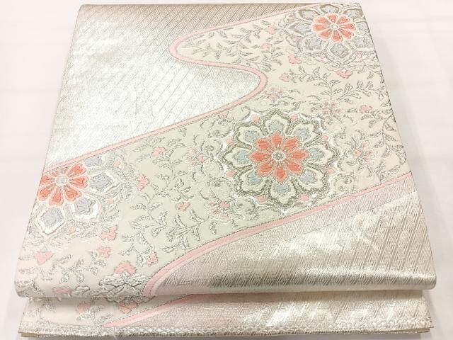 平和屋着物◎六通柄袋帯　唐織　流水花文　銀糸　正絹　逸品　AABH2377uk