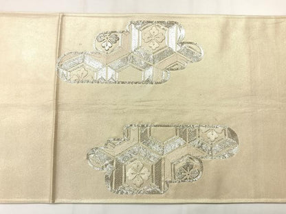 平和屋着物◎太鼓柄袋帯　駒刺繍　エ霞花文　銀糸　正絹　逸品　AABH2383uk