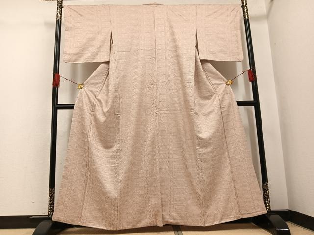 平和屋着物●お召　幾何学文様　色無地　白茶色　正絹　逸品　AABH4055ph