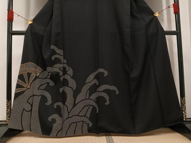 平和屋着物●お召　訪問着　駒刺繍　片輪車立波文　黒地　正絹　逸品　AABH4050ph