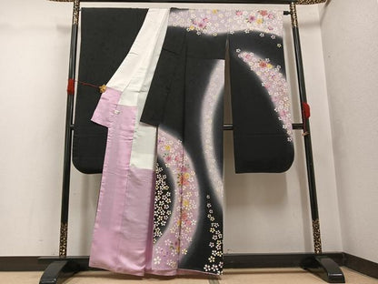 平和屋着物●豪華振袖　夜桜　暈し染め　黒地　金彩　正絹　逸品　AABH4058ph