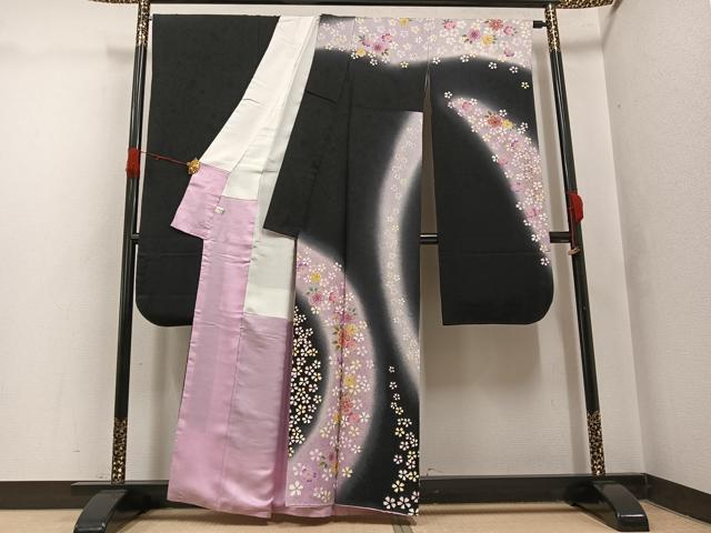 平和屋着物●豪華振袖　夜桜　暈し染め　黒地　金彩　正絹　逸品　AABH4058ph