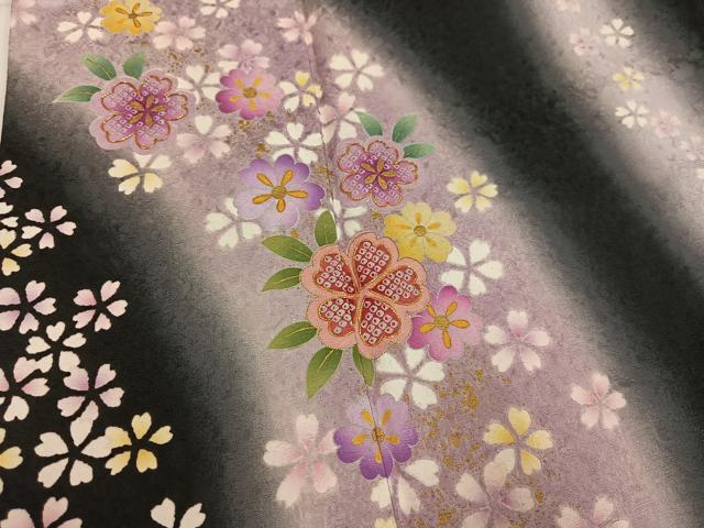 平和屋着物●豪華振袖　夜桜　暈し染め　黒地　金彩　正絹　逸品　AABH4058ph