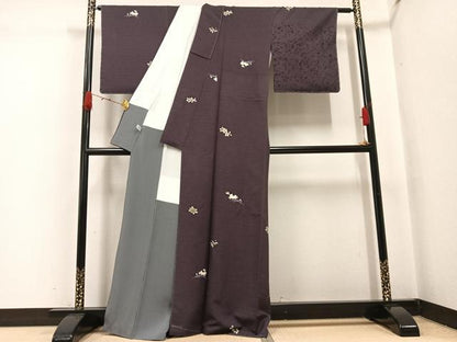 平和屋着物●上質な小紋　紬地　兎　亀　花　紅消鼠色　正絹　逸品　未使用　AABH4051ph