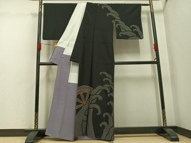 平和屋着物●お召　訪問着　駒刺繍　片輪車立波文　黒地　正絹　逸品　AABH4050ph