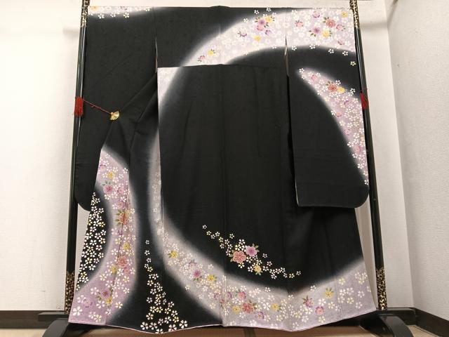 平和屋着物●豪華振袖　夜桜　暈し染め　黒地　金彩　正絹　逸品　AABH4058ph