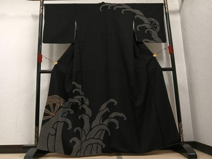 平和屋着物●お召　訪問着　駒刺繍　片輪車立波文　黒地　正絹　逸品　AABH4050ph