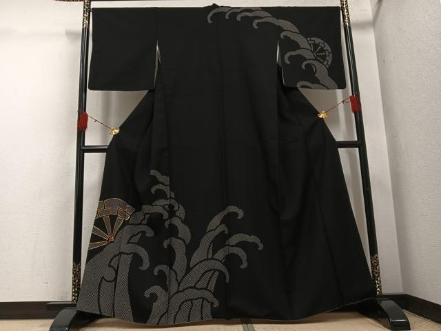 平和屋着物●お召　訪問着　駒刺繍　片輪車立波文　黒地　正絹　逸品　AABH4050ph