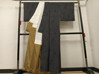 平和屋着物●外山良治　本藍天然染　小紋　舞花文　反端付き　正絹　逸品　AABH4073ph