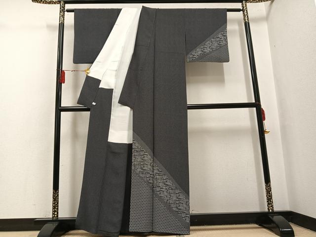平和屋着物●江戸小紋　訪問着　流水篭目文　黒地　正絹　逸品　AABH4070ph