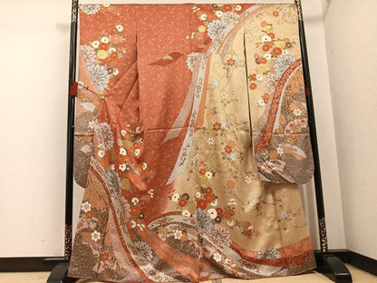 平和屋着物●豪華振袖　駒刺繍　草花文　金彩　正絹　逸品　AABH4086ph