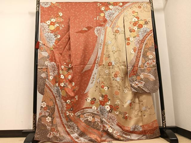 平和屋着物●豪華振袖　駒刺繍　草花文　金彩　正絹　逸品　AABH4086ph