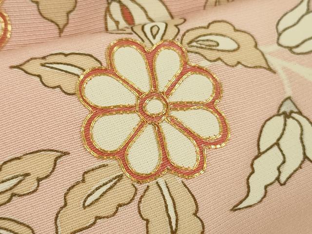 平和屋着物∞極上　道行コート　ロング丈　駒刺繍　更紗花文　宍色地　金彩　逸品　DZAB6567kh6