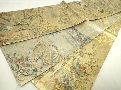 平和屋着物▼極上　西陣あさぎ　両面　全通全景柄丸袋帯　桃山扇面屏風文　壱仟八百口織　プラチナ箔　本金箔　正絹　24ｋ 逸品 DABD3295sf