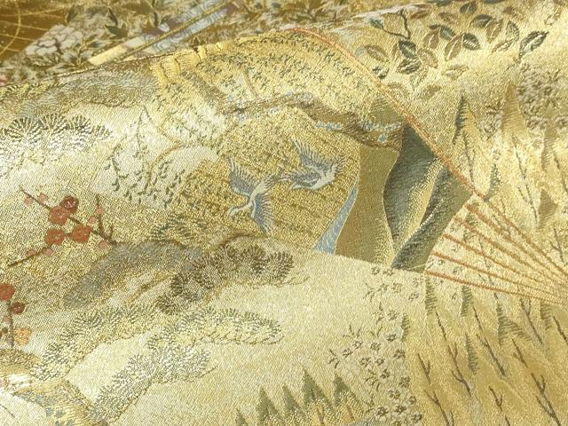 平和屋着物▼極上　西陣あさぎ　両面　全通全景柄丸袋帯　桃山扇面屏風文　壱仟八百口織　プラチナ箔　本金箔　正絹　24ｋ 逸品 DABD3295sf