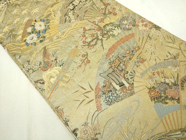 平和屋着物▼極上　西陣あさぎ　両面　全通全景柄丸袋帯　桃山扇面屏風文　壱仟八百口織　プラチナ箔　本金箔　正絹　24ｋ 逸品 DABD3295sf