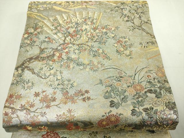 平和屋着物▼極上　西陣あさぎ　両面　全通全景柄丸袋帯　桃山扇面屏風文　壱仟八百口織　プラチナ箔　本金箔　正絹　24ｋ 逸品 DABD3295sf