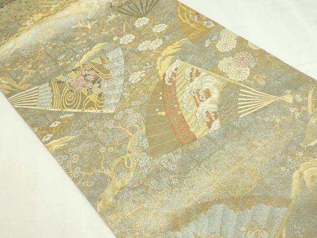 平和屋着物▼極上　西陣あさぎ　両面　全通全景柄丸袋帯　桃山扇面屏風文　壱仟八百口織　プラチナ箔　本金箔　正絹　24ｋ 逸品 DABD3295sf