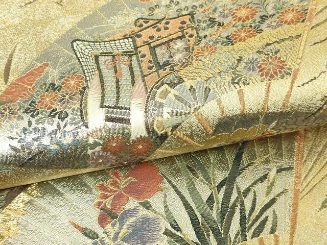平和屋着物▼極上　西陣あさぎ　両面　全通全景柄丸袋帯　桃山扇面屏風文　壱仟八百口織　プラチナ箔　本金箔　正絹　24ｋ 逸品 DABD3295sf