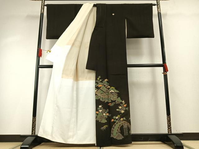平和屋着物●創業130年　江戸染繍友禅　大彦　黒留袖　刺繍　風景文　金糸　金彩　高島屋扱い　正絹　逸品　AABH0829fy