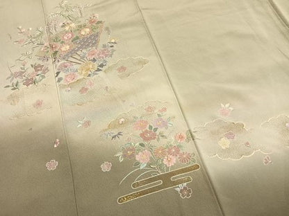 平和屋着物●中国三大刺繍　総刺繍　汕頭刺繍　スワトウ刺繍　訪問着　扇面花文　暈し染め　金彩　正絹　逸品　AABH0839fy