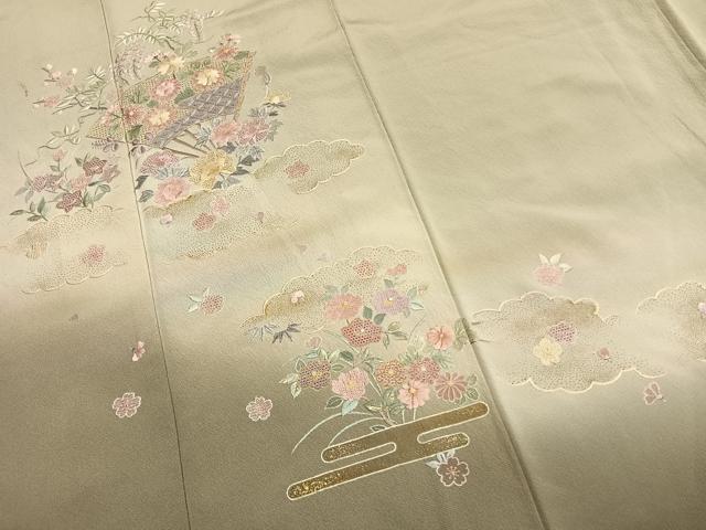 平和屋着物●中国三大刺繍　総刺繍　汕頭刺繍　スワトウ刺繍　訪問着　扇面花文　暈し染め　金彩　正絹　逸品　AABH0839fy