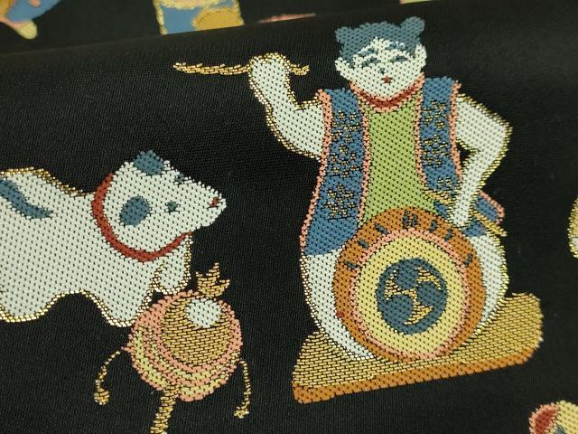 平和屋着物●極上　六通柄袋帯　玩具文様　黒地　金糸　逸品　DZAB5977kh6