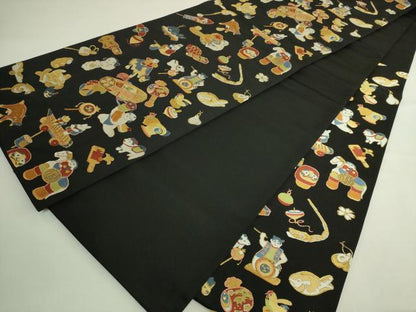 平和屋着物●極上　六通柄袋帯　玩具文様　黒地　金糸　逸品　DZAB5977kh6