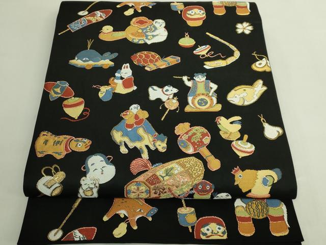 平和屋着物●極上　六通柄袋帯　玩具文様　黒地　金糸　逸品　DZAB5977kh6