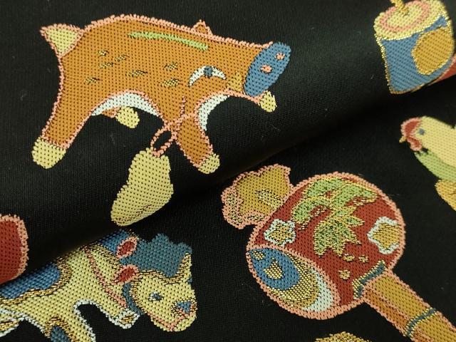 平和屋着物●極上　六通柄袋帯　玩具文様　黒地　金糸　逸品　DZAB5977kh6