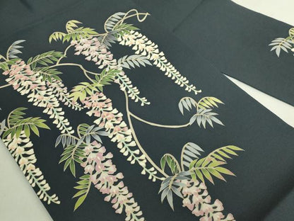平和屋着物●極上　塩瀬　九寸名古屋帯　藤花房　錆鉄御納戸色地　逸品　未使用　DZAB5991kh6
