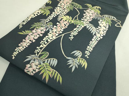 平和屋着物●極上　塩瀬　九寸名古屋帯　藤花房　錆鉄御納戸色地　逸品　未使用　DZAB5991kh6
