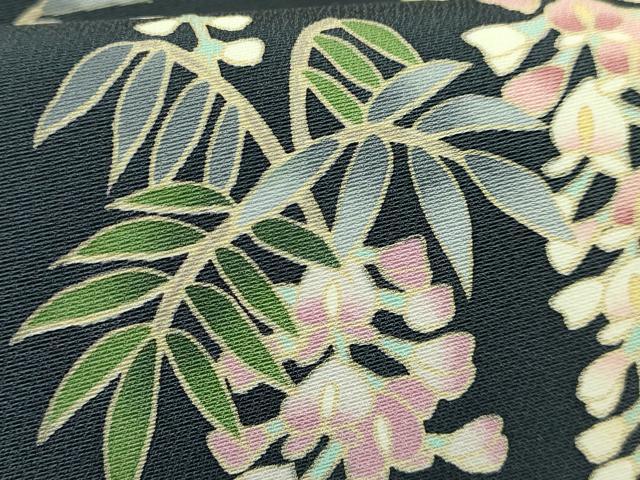 平和屋着物●極上　塩瀬　九寸名古屋帯　藤花房　錆鉄御納戸色地　逸品　未使用　DZAB5991kh6
