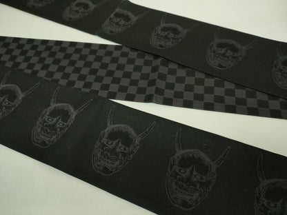 平和屋着物●極上　男性　両面　角帯　般若　面　市松　黒地　逸品　未使用　DZAB6030kh6