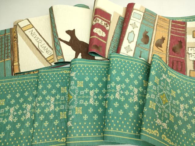 平和屋着物●極上　両面　半幅帯　WAKKA　ワッカ　猫　本棚　逸品　DZAB6025kh6