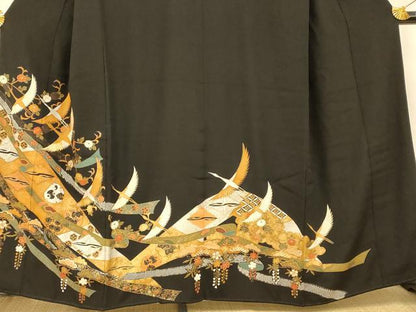 平和屋着物■豪華黒留袖 駒刺繍 飛鶴吉祥熨斗文 金銀彩 正絹 逸品 AABH4413fw