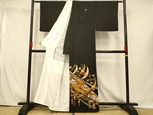 平和屋着物■豪華黒留袖 駒刺繍 飛鶴吉祥熨斗文 金銀彩 正絹 逸品 AABH4413fw