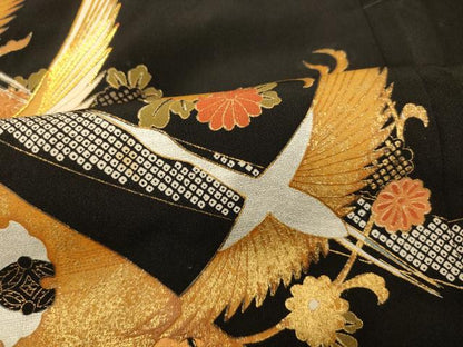 平和屋着物■豪華黒留袖 駒刺繍 飛鶴吉祥熨斗文 金銀彩 正絹 逸品 AABH4413fw