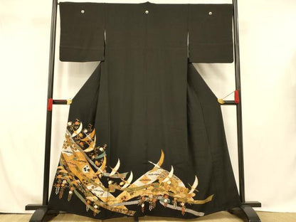 平和屋着物■豪華黒留袖 駒刺繍 飛鶴吉祥熨斗文 金銀彩 正絹 逸品 AABH4413fw