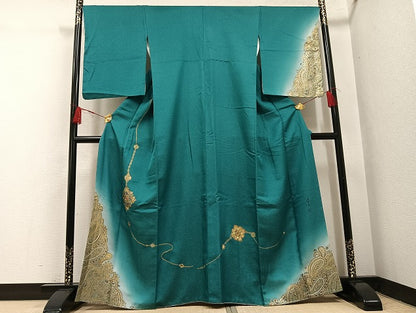 平和屋着物●螺鈿作家　甲斐泰造　訪問着　舞花文　暈し染め　パール　金銀彩　銀通し地　正絹　逸品　未使用　AABH4046ph