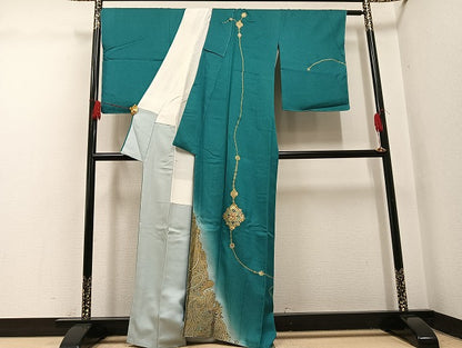 平和屋着物●螺鈿作家　甲斐泰造　訪問着　舞花文　暈し染め　パール　金銀彩　銀通し地　正絹　逸品　未使用　AABH4046ph